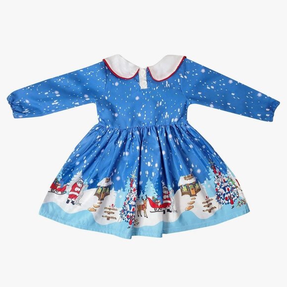 Santa workshop girl Christmas Dress  By BaaBee  Blue With Winter Scene Print - Picture 2 of 7